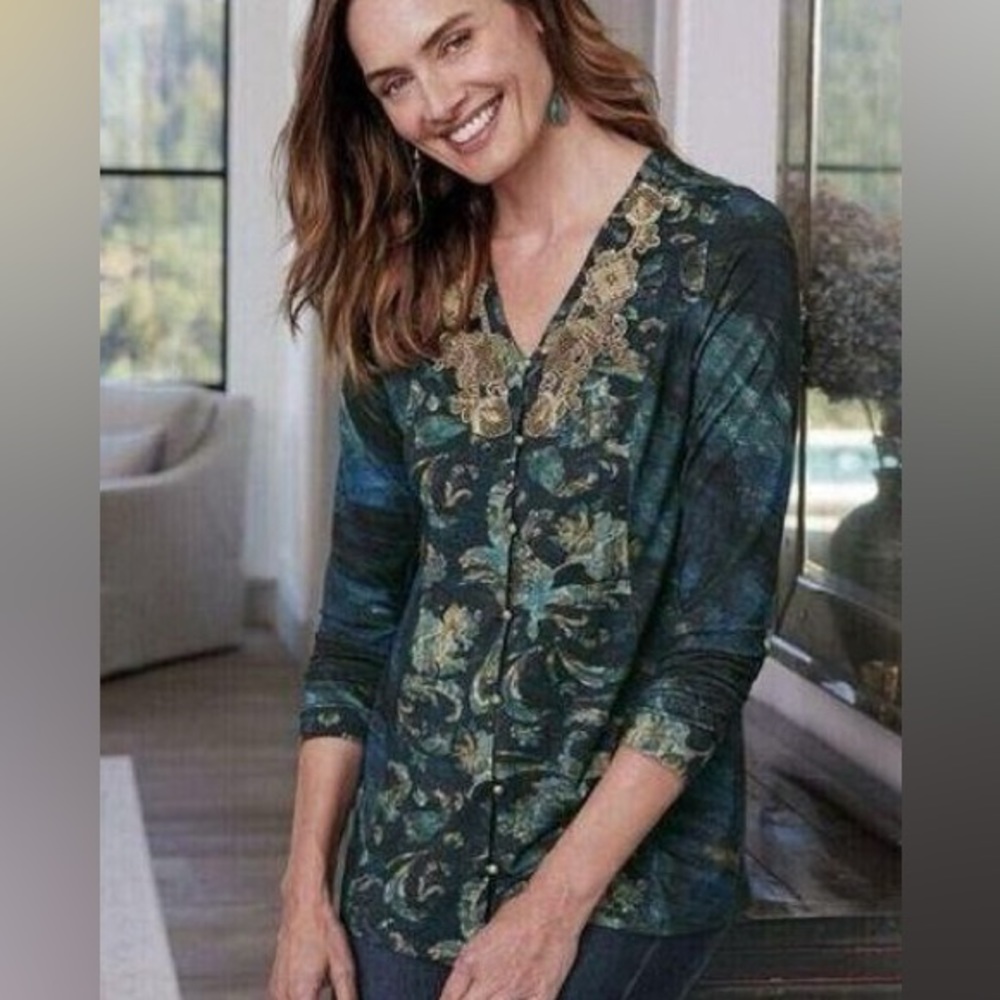 Soft Surroundings tunic Sequin and golden button Starry Night 6/8. NWTS.